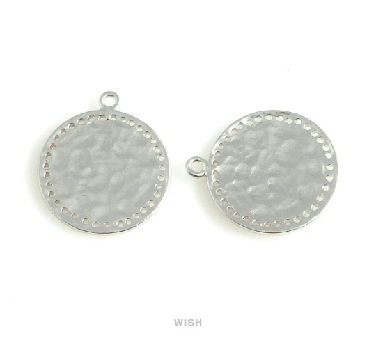 Hammered Disc Pendant in Matt Rhodium, Hammered Coin Charm / MMRH-447-P