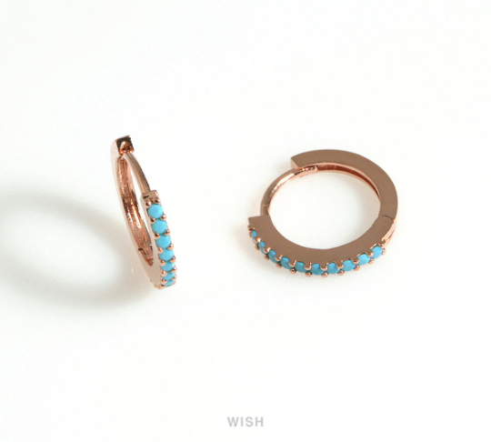 Turquoise Clip Hoop Earrings in Rose Gold, Turquoise Hoop Earrings / CRG-083-E2