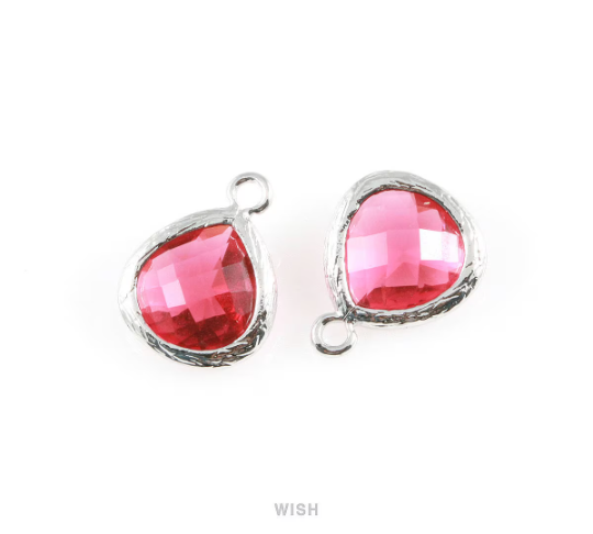 Ruby Faceted Glass Charm in Rhodium, Framed Drop Glass Bead / GRBRH-003-P (Small)