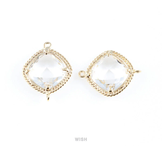 Clear Diamond Shape Connectors in Gold, Framed Diamond Charms / GCLG-033-P