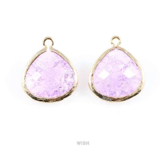 Light Amethyst Sparkle Glass Charm in Gold, Framed Drop Glass Bead / GLDG-012-P (Large)