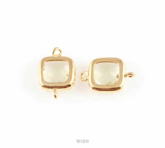 Olivine Faceted Glass Connector in Gold, Framed Square Connector / GOVG-007-P