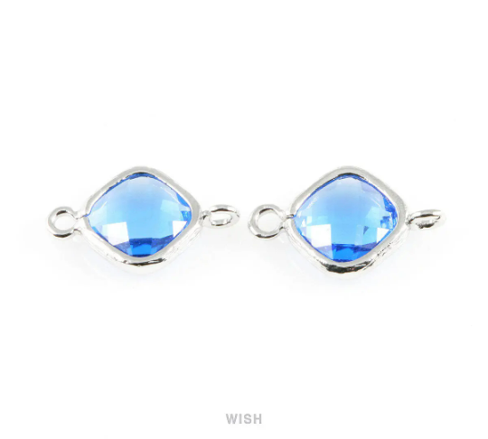 Cobalt Blue Rhombus Glass Connector in Rhodium, Framed Rhombus Connector /GCTRH-021-P