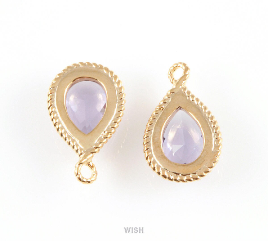 Amethyst Teardrop Glass Charm in Gold, Framed Drop Glass Gem / Birthstone / GTZG-006-P