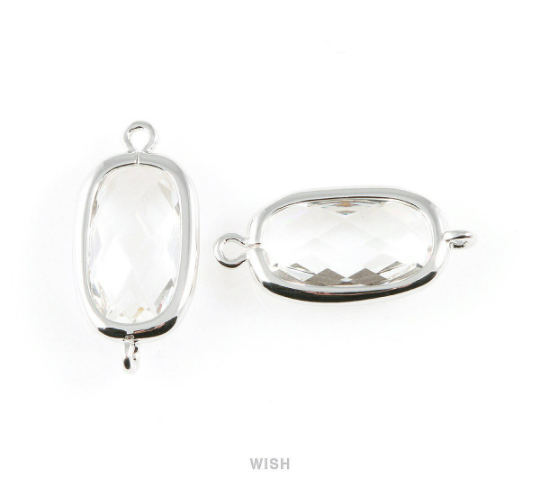 Clear Oval Glass Connector in Rhodium, Framed Oval Connector / GCLRH-035-C