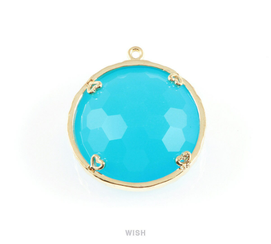 1 piece of Ocean Blue Faceted Glass Charms in Gold, Framed Round Pendant / GOBG-011-P