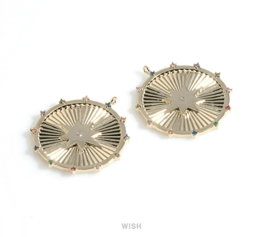 Large Gold Star Shine Disc with Multi Color Birthstones, Star Coin Charm / MG-429-P2