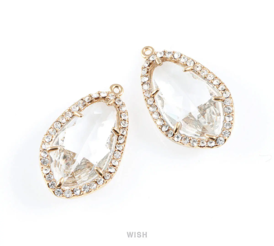 Briolette Clear Glass with Rhinestone in Rhodium, Framed Gem Pendant / GCLRH-043-P