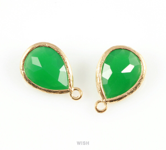 Palace Green Teardrop Glass Charm in Gold, Framed Drop Glass Gem / GPGG-005-P