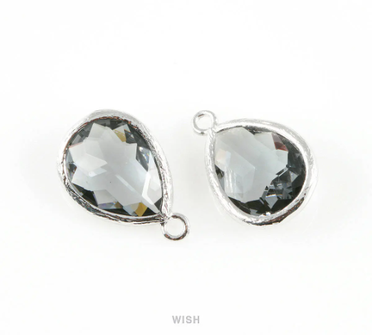 Charcoal Teardrop Glass Charm in Rhodium, Framed Drop Glass Gem / GCCRH-005-P