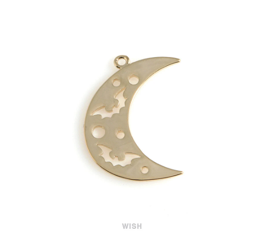 Bats in Crescent Pendant in Gold, Bats and Crescent Charm / MG-484-P