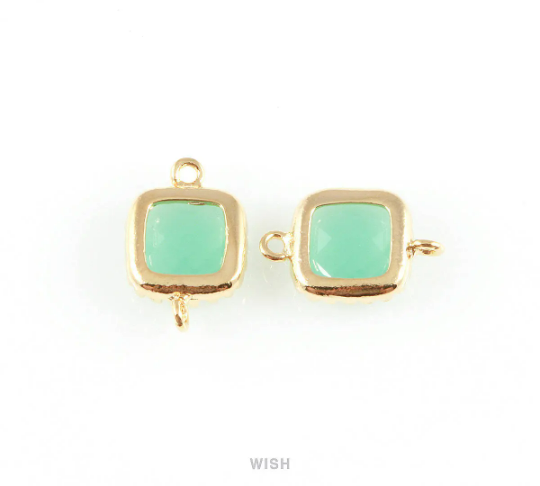 Mint Faceted Glass Connector in Gold, Framed Square Connector /GMTG-007-P