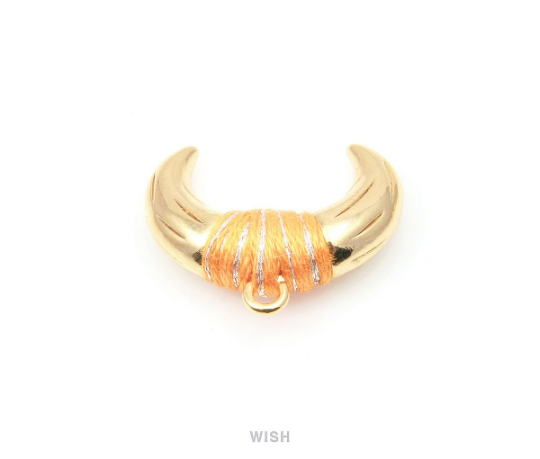 Metal Horn Pendant in Gold with Orange Strap, 16k Gold Bull's Horn Charm/ MORG-004-P (Large)