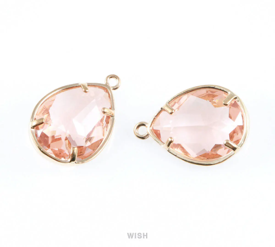 Peach Teardrop Glass Charm in Gold, Framed Drop Glass Gem / GPCG-016-P