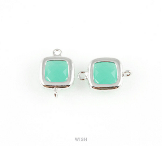 Mint Faceted Glass Connector in Rhodium, Framed Square Connector/GMTRH-007-P