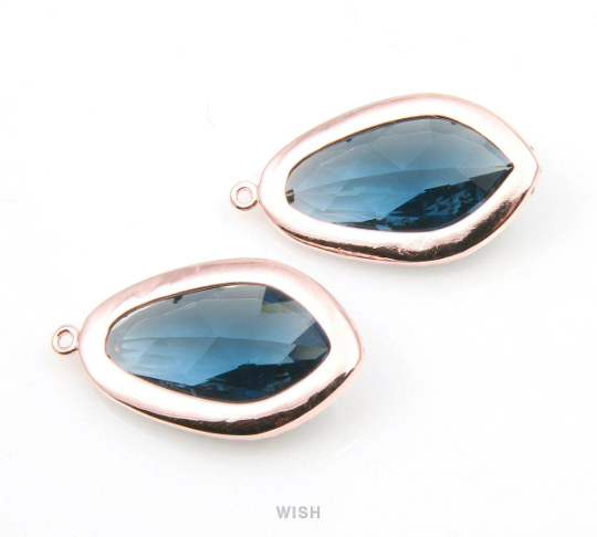 Briolette Montana Blue Glass with Rheinstone in Rose Gold, Framed Gems /GMBRG-043-P
