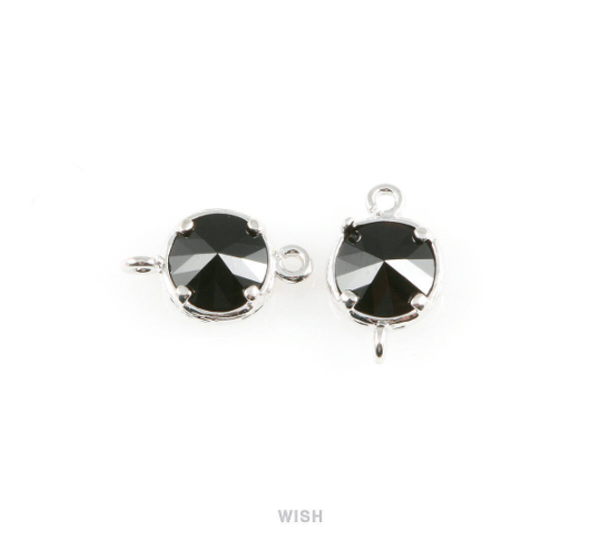 Jet Black faceted Glass Connector in Rhodium, Framed Round Glass Bead / GJTRH-015-P