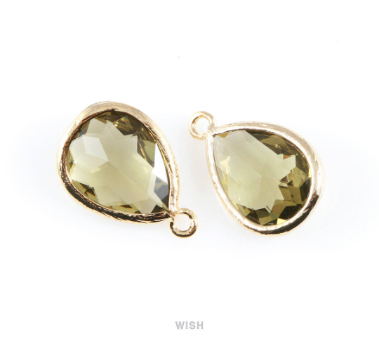 Olivine Teardrop Glass Charm in Gold, Framed Drop Glass Gem / GOVG-005-P