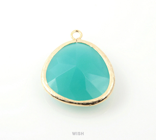 Mint Faceted Glass Charm in Gold, Framed Glass Gem / GMTG-101-P (Large)