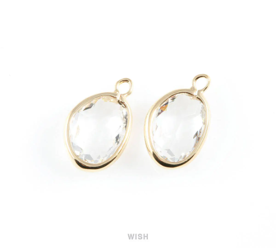 Clear Pear Glass Charm in Gold, Glass Framed Pendant / GCLG-040-P