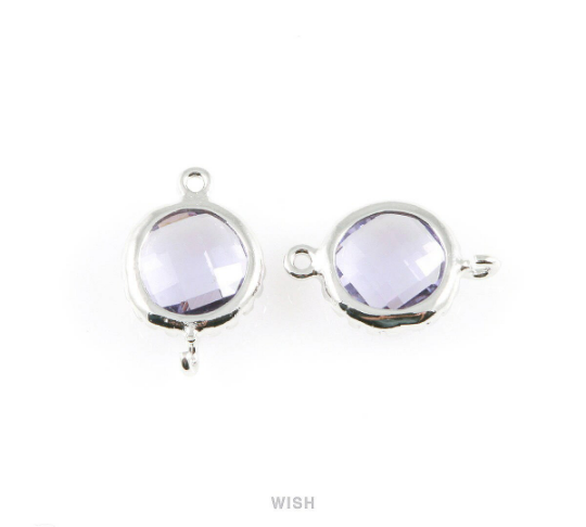 Amethyst Faceted Glass Connector in Rhodium, Framed Round Connector / GTZRH-008-P