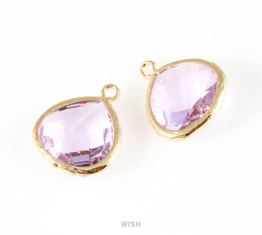 Light Amethyst Faceted Glass Charm in Gold, Framed Drop Glass Bead / GLDG-001-P (Large)