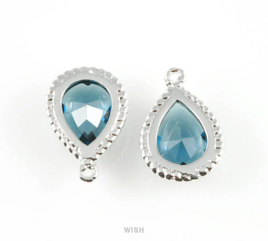 Montana Blue Teardrop Glass Charm in Rhodium, Framed Drop Glass Gem/ GMBRH-006-P