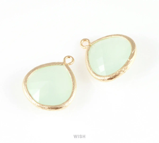 Alice Blue Faceted Glass Charm in Matte Gold, Framed Drop Glass Bead / GABMG-001-P