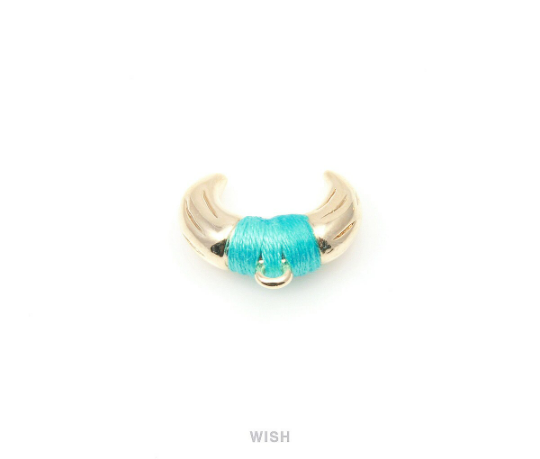 Metal Horn Pendant in Gold with Mint Strap, 16k Gold Bull's Horn Charm /MMTG-003-P (Small)