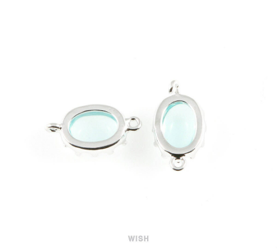 Aquamarine Oval Glass Connectors in Rhodium, Framed Glass Gem/ GAQRH-020-P