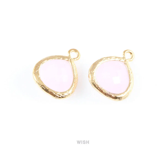 Rose Quartz Faceted Glass Charm in Gold, Framed Glass Gem / GRQG-003-P (Small)