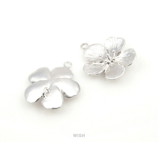 Plum Blossom Pendant in Matte Rhodium, Five Petal Flower Charm / MMRH-195-P