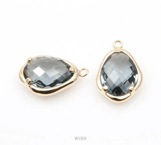 Charcoal Faceted Glass Charms in Gold, Framed Teardrop Pendant / GCCG-085-P