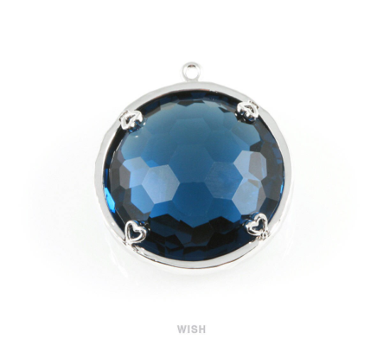 Montana Blue Faceted Glass Charms in Rhodium, Framed Round Pendant / GMBRH-011-P (1 piece)