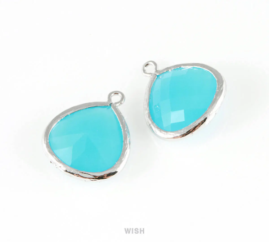 Ocean Blue Faceted Glass Charm in Rhodium, Framed Drop Glass Bead / GOBRH-001-P (Large)