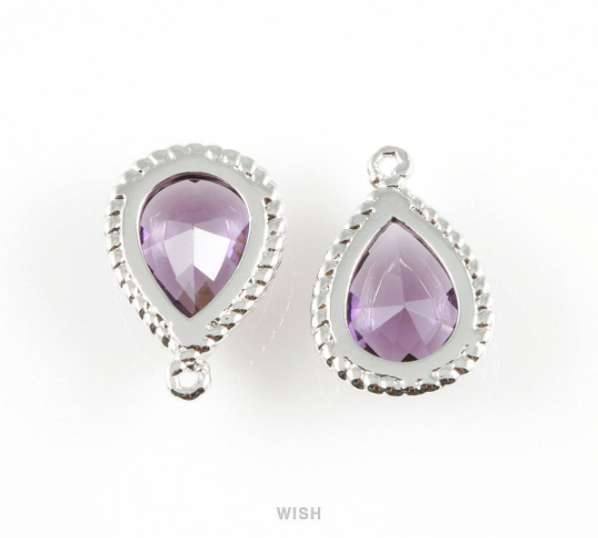 Amethyst Teardrop Glass Charm in Rhodium, Framed Drop Glass Gem / GTZRH-006-P