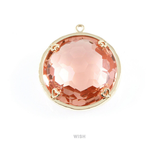 1 piece of Peach Faceted Glass Charms in Gold, Framed Round Pendant/ GPCG-011-P