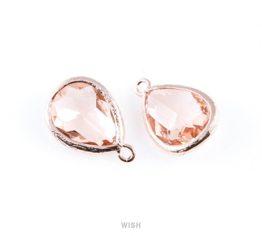 Peach Teardrop Glass Charm in Rose Gold, Framed Drop Glass Gem /  GPCRG-005-P