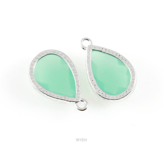 Mint Teardrop Glass Charm in Rhodium, Framed Drop Glass Gem / GMTRH-037-P
