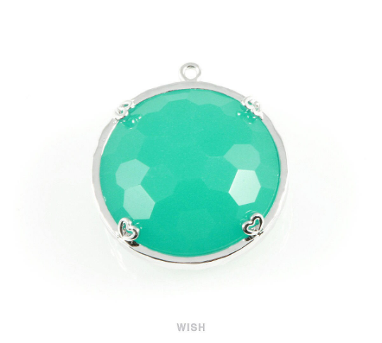 1 piece of Mint Faceted Glass Charms in Rhodium, Framed Round Pendant / GMTRH-011-P