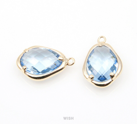 Light Sapphire Faceted Glass Charms in Gold, Framed Teardrop Pendant / GLSG-085-P