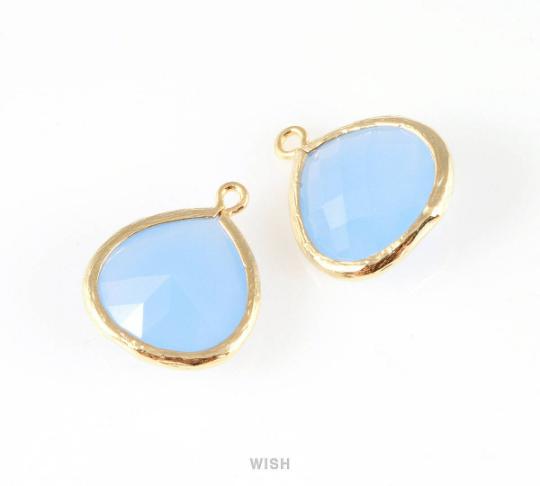 Ice Blue Faceted Glass Charm in Gold, Framed Drop Glass Bead /GIBG-001-P (Large)