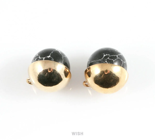 Black Marble Ball Stone Charm in Gold, Gemstone Framed Pendant / SBMG-046-P