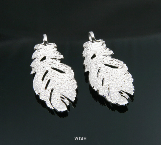 Feather Pendant in Matte Rhodium, Textured Feather Charm / MMRH-238-P