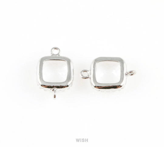 Clear Faceted Glass Connector in Rhodium, Framed Square Connector / GCLRH-007-P