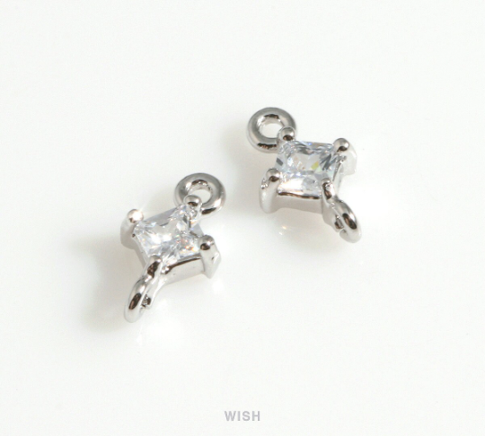 Diamond Shape Cubic Zirconia Connector in Rhodium, Dainty CZ Charm / CRH-085-P (4pcs)