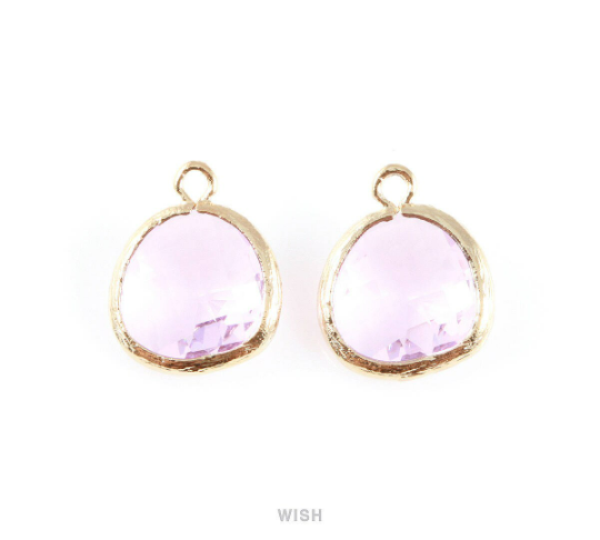 Light Amethyst Faceted Glass Charm in Gold, Framed Drop Glass Gem/ GLDG-004-P (Medium)