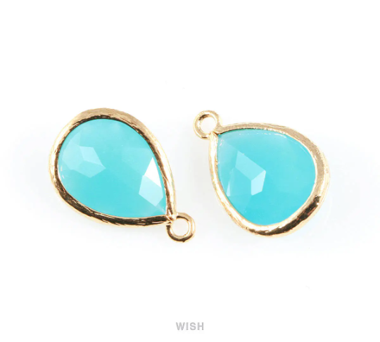 Ocean Blue Teardrop Glass Charm in Gold, Framed Drop Glass Gem / GOBG-005-P