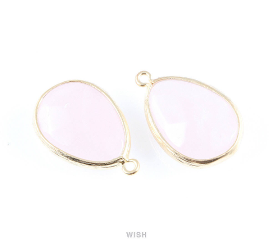 Rose Quartz Synthetic Stone Charms in Matte Gold, Framed Teardrop Pendant / SRQMG-010-P
