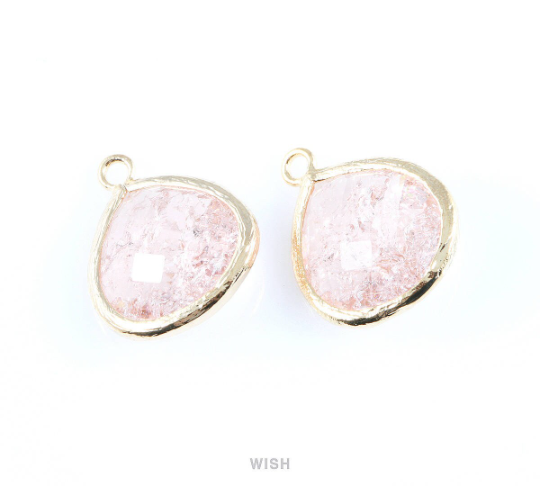Peach Sparkle Glass Charm in Gold, Framed Drop Glass Bead / GPCG-012-P